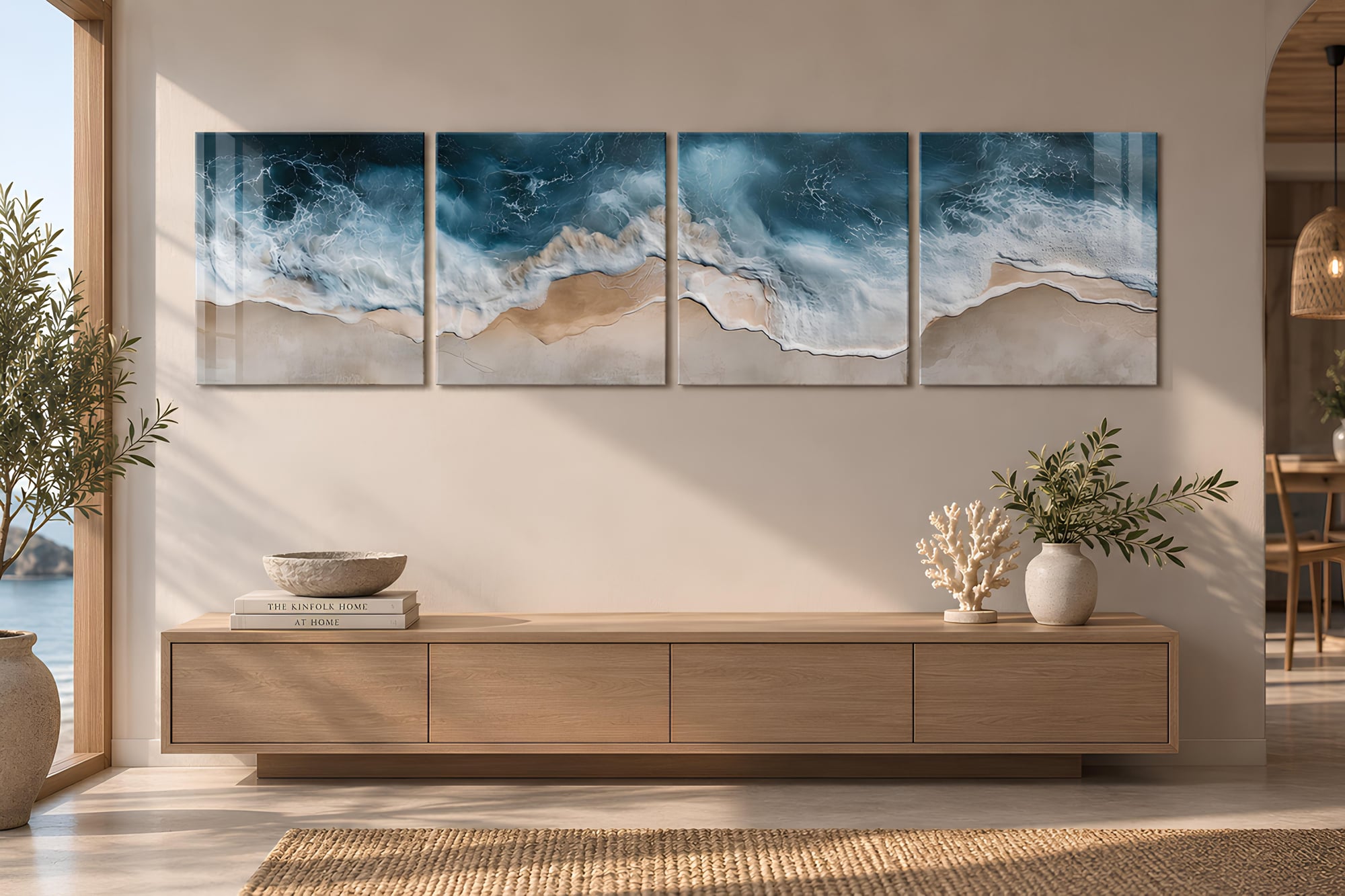 Coastal wave 4-piece glass panels above a wooden console in a bright entryway with olive trees